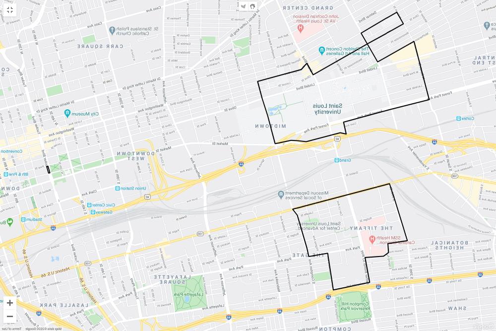 A map of the Saint Louis University campus with 博彩网址大全 Ride boundaries outlined